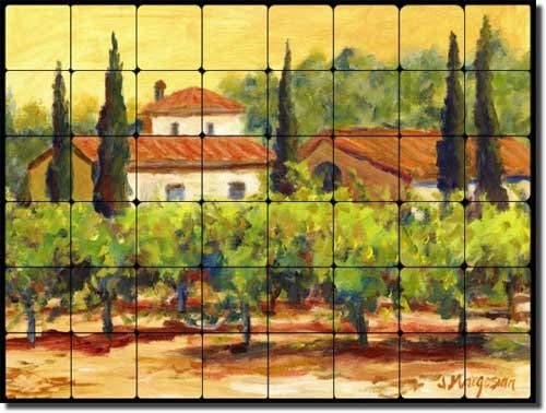 Tuscan Villa and Vineyard by Joanne Morris Margosian - Landscape Tumbled Marble Tile Mural 24