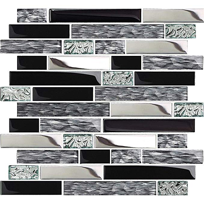 TST Glass Metal Tiles Art Mosaic Silk Black Crystal Glass Chrome Silver Steel Accent Wall Border Kitchen Bath Backsplash Tile TSTNB12 (11 Square Feet)