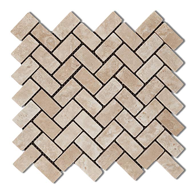 Durango Cream (Paredon) Travertine Tumbled Herringbone Mosaic Tile - Lot of 50 Sheets