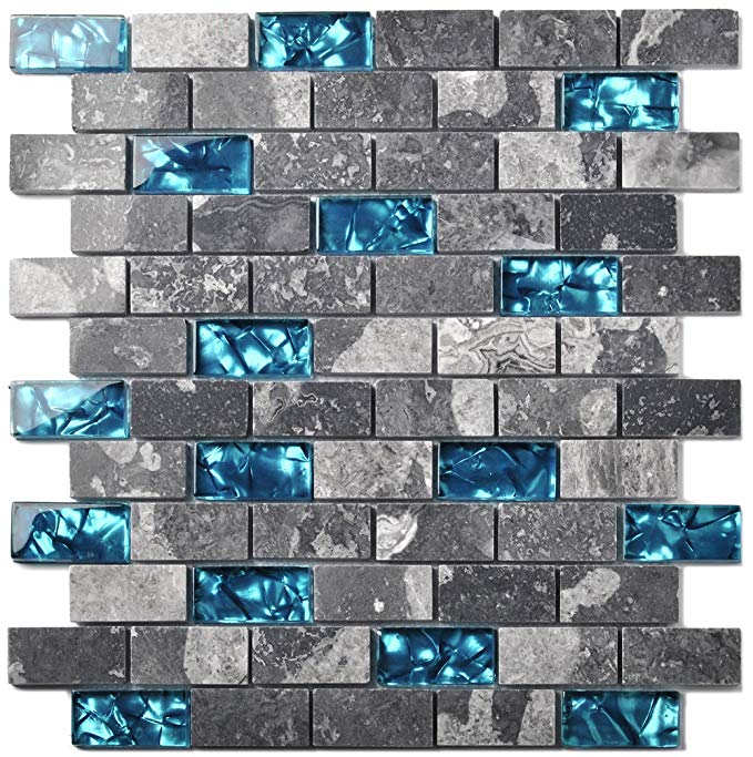 Ocean Teal Blue Glass Nature Stone Tile Kitchen Backsplash 3D Bath Shower Accent Wall Decor Gray Wave Marble 1 x 2 Subway Art Mosaics TSTNB03 (11 PCS [11.8'' X 11.8''/each])