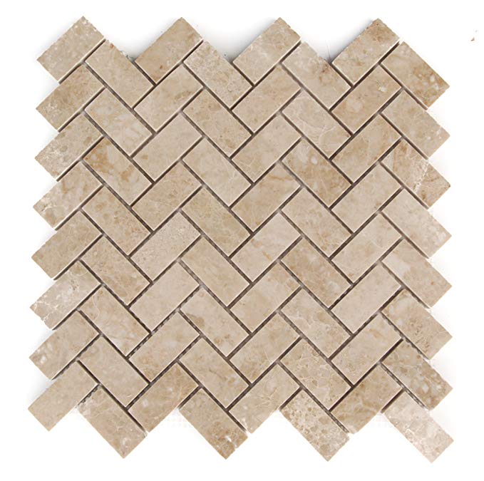 Crema Cappuccino Marble 1 X 2 Herringbone Polished Mosaic Tiles - Premium Quality (LOT of 50 SHEETS)