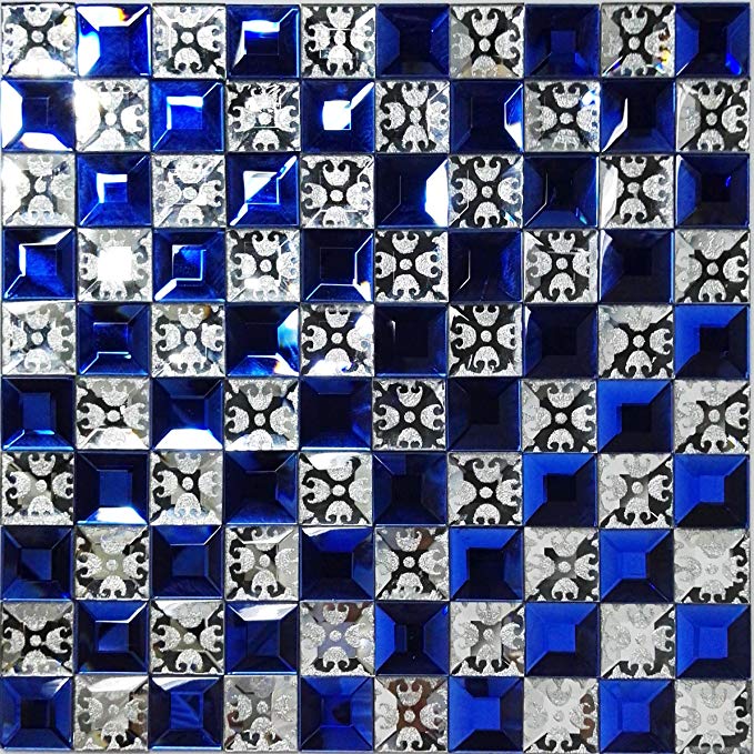 TST Mosaic Tiles Crystal Glass Ocean Blue Silver Edging Mirror Tiles 3D Kitchen Backsplash Tiles Accent Wall Deco Bathroom Art Mosaic (11 PCS (11.8'' x 11.8''/each))