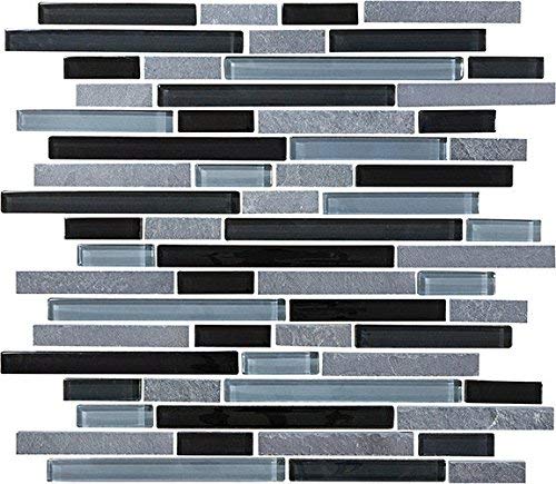 10 Square Feet - Bliss Black Timber Stone and Glass Linear Mosaic Tiles