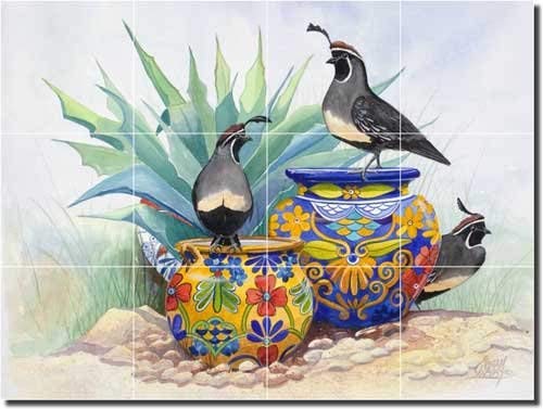 Garden Lookout by Susan Libby - Southwest Birds Ceramic Tile Mural 12.75