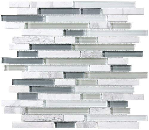 10 Sq Ft - Bliss Iceland Marble and Glass Linear Mosaic Tiles for Kitchen Backsplash or Bathroom Walls