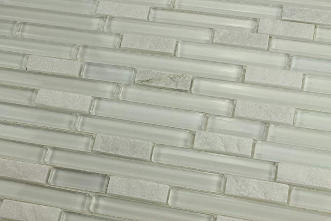 30 Square Feet - Bliss Norwegian Ice White Stone and Glass Strip Mosaic Tiles