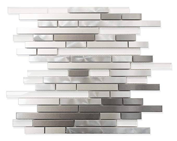 10 Square Feet - Super White Glass and Metal Strip Mosaic Tiles