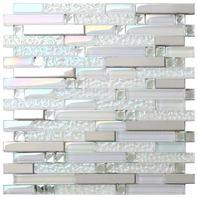 New Design TST Glass Metal Tile Iridescent White Glass Silver Mirror Stainless Steel Blends Interlocking Strip Wall Tiles Big Sale (5 PCS (12'' X 12''/each))