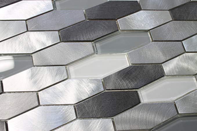 10 Square Feet - Metro Long Hexagon Brushed Aluminum and Glass Mosaic Tiles
