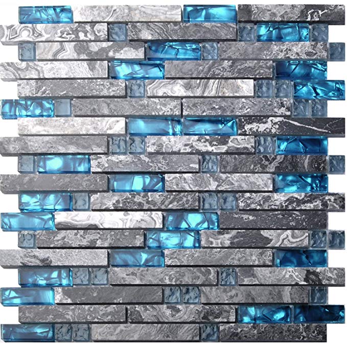Home Building Glass Tile Kitchen Backsplash Idea Bath Shower Wall Decor Teal Blue Gray Wave Marble Interlocking Pattern Art Mosaics TSTMGT002 (11 PCS [12'' X 12''/each])