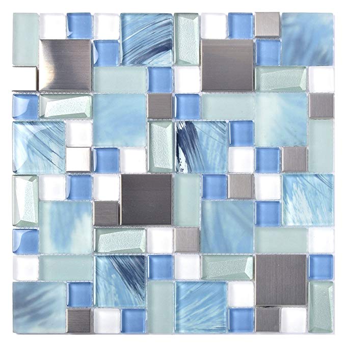 Sea Blue Green Glass Stainless Steel Tile White Kitchen Bath Backsplash Artistic Mosaic TSTMGB028 (11 PCS [12'' X 12''/each])