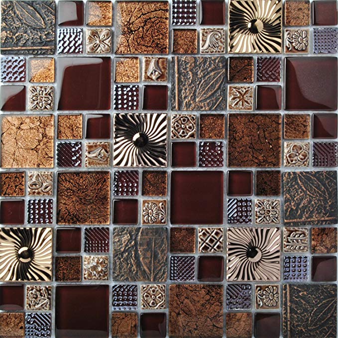 Special Carving Mosaic Art Accent Tile Red Brown Color Glass Wall Backsplash Tiles Rose Gold Metal Kitchen Bath Walls Decor TSTFLY16 (11 PCS [12'' X 12''/Each])