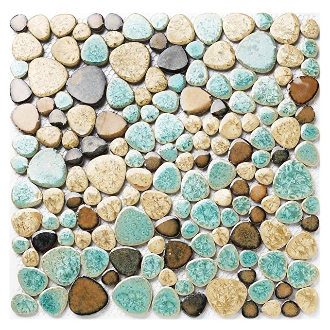 Pebble Porcelain Tile Fambe Turquoise Green Beige Shower Floor Pool Alley Tiles Mosaic TSTGPT005 (11 Square Feet)
