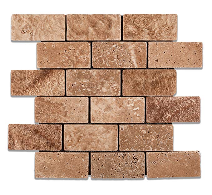 Andean Walnut Peruvian Travertine 2 X 4 Tumbled Brick Mosaic Tile - Lot of 50 Sheets