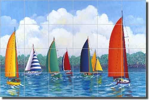 Festive Regatta II by Hugh Harris - Nautical Sailboats Ceramic Tile Mural 25.5