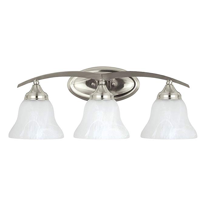 Sea Gull Lighting 44176-962 Brockton Three-Light Bath or Wall Light Fixture with Etched White Alabaster Glass Shades, Brushed Nickel Finish