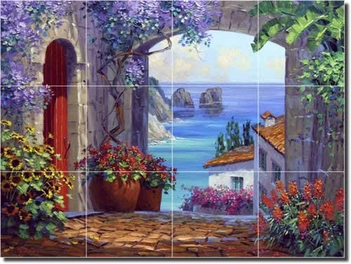 Colors of Capri by Mikki Senkarik - Seascape Ceramic Tile Mural 12.75