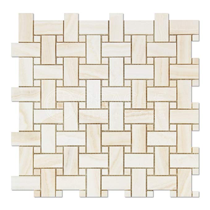 White Onyx Basketweave Mosaic Tile with White Onyx Dots, Vein-Cut, Polished - Box of 5 Sheets