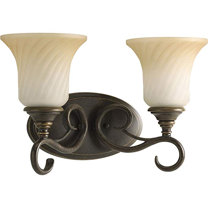 Progress Lighting P2784-77 2-Light Bath Features Scrolled Metalwork with Trumpet-Shaped Textured Glass Shades, Forged Bronze
