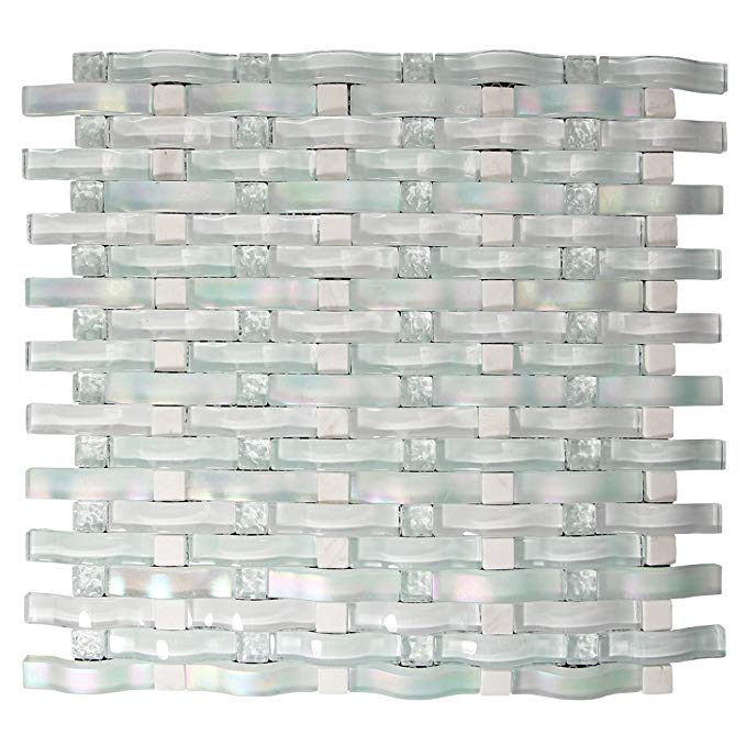 Woven Curved Organza White 3D Wavy Mosaic Glass Tile - 1x1 Stone Inserts - Kitchen and Bathroom Backsplash (Box of 5 Sheets)