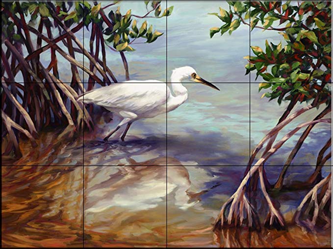 Ceramic Tile Mural - Heron Walking on Water - by Laurie Snow Hein - Kitchen backsplash/Bathroom shower