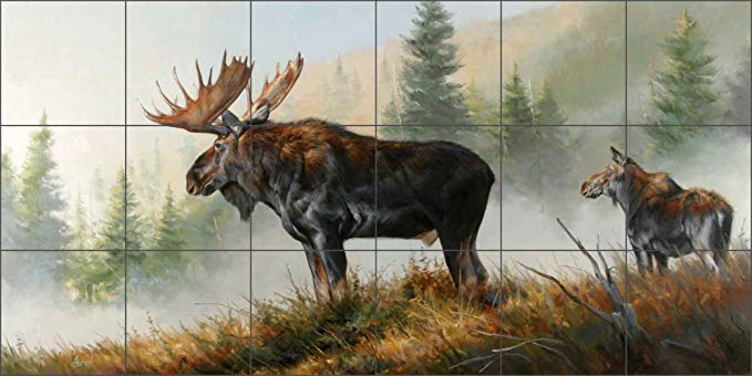 Lifting Mist by Edward Aldrich - Moose Wildlife Ceramic Tile Mural 36