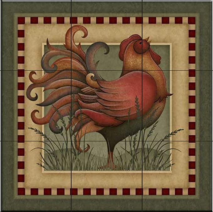 Ceramic Tile Mural - Folk Rooster - by Angela Anderson - Kitchen backsplash/Bathroom shower