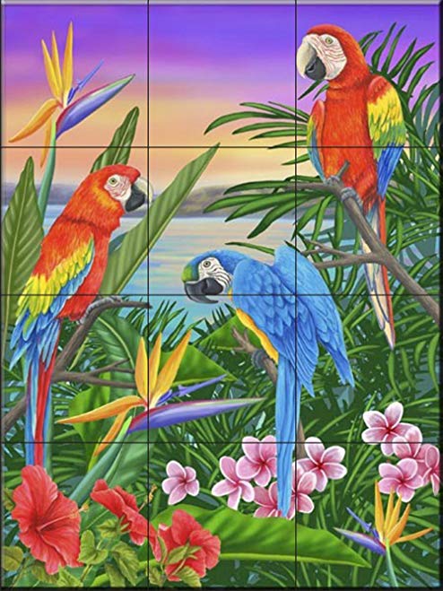 Ceramic Tile Mural - Parrot Trio- by Mary Lou Troutman - Kitchen backsplash / Bathroom shower