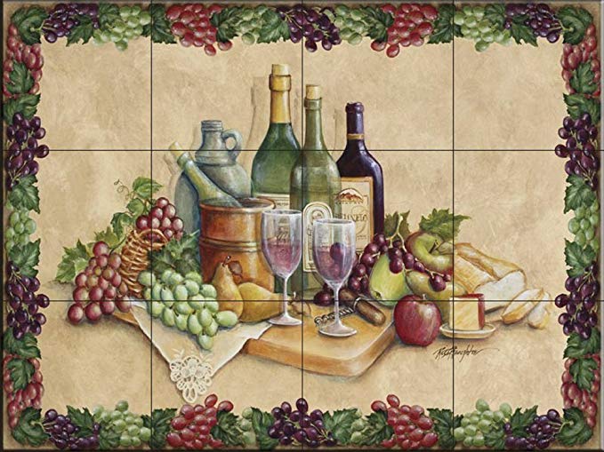 Ceramic Tile Mural - Wine Time with Border- by Rita Broughton - Kitchen backsplash / Bathroom shower
