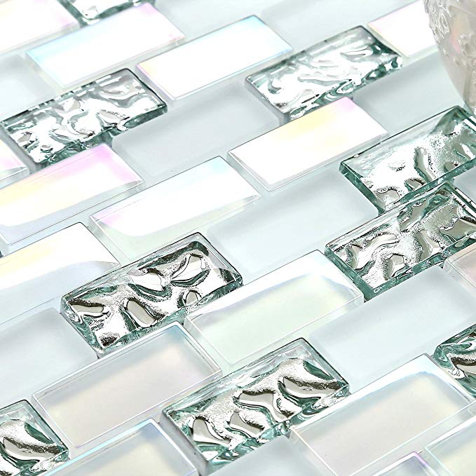 11 Sheets Subway White Glass Mosaic Iridescent Finish Silver Tile for Kitchen Bath Backsplash TSTNB04