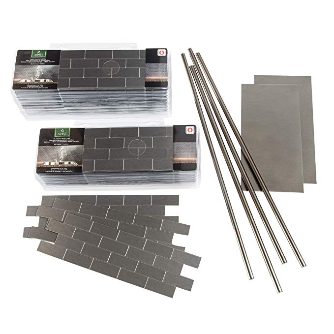 Aspect Peel and Stick Backsplash 12inx4in Subway Stainless Matted Metal Tile 15 Sq Ft Kit for Kitchen and Bathrooms