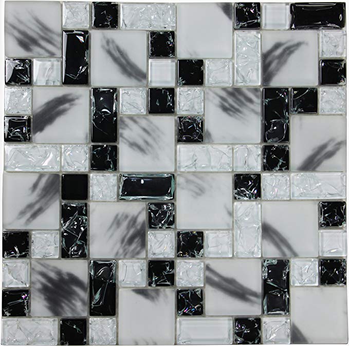 Crackle Albescent (GP07) Black White Glass Backsplash Mosaic Tile for Kitchen Bathroom Wall (1 Box / 11 Sheets)