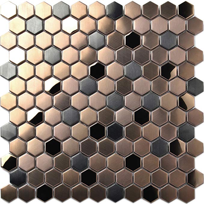 Hexagon Stainless Steel Brushed Mosaic Tile Bronze Copper Color Black Bathroom Shower Floor Tiles TSTMBT021 (11 PCS [12'' X 12''/each])
